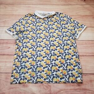 Ben Sherman Polo Shirt Mens XL White Yellow Hawaiian Floral Short Sleeve Camp